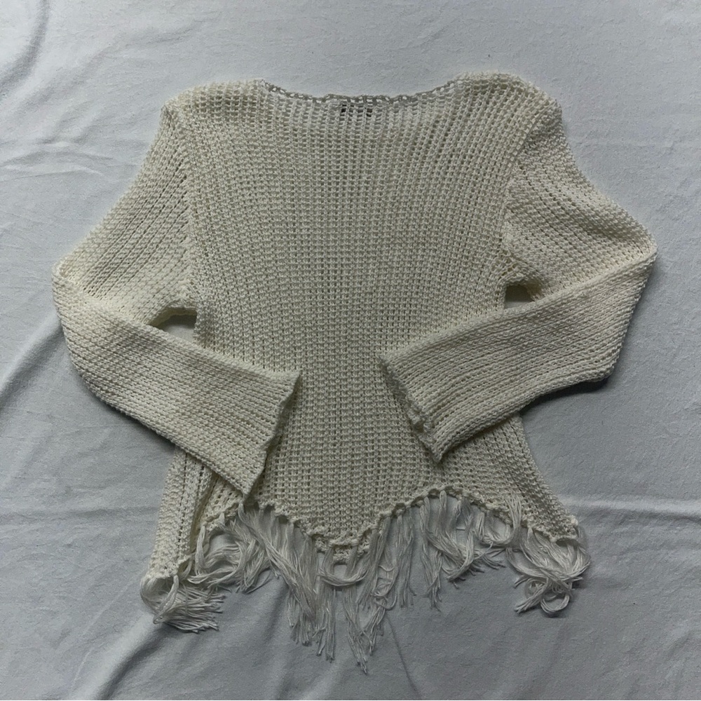 Cato Established Cream Crochet Fringe Sweater – Size Large Boho - Picture 7 of 7